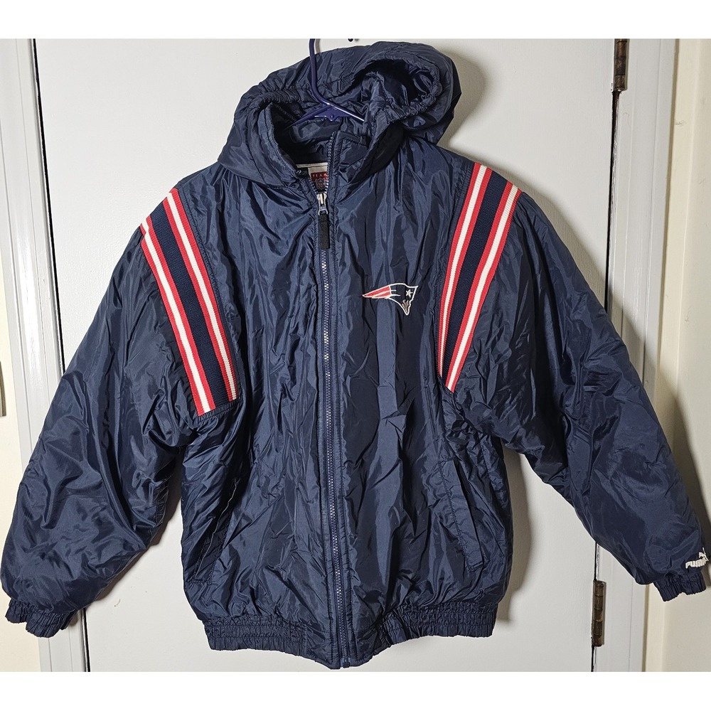 New England Patriots NFL Puffer Hooded Insulated Jacket Blue Youth XL 18/20 EUC